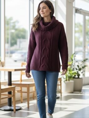 Seven7 Cable Knit Cowl Neck Sweater – Size Large – Blackberry Wine